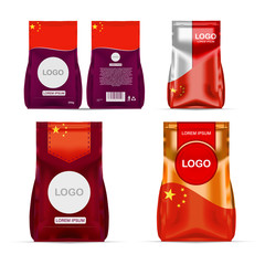 Foil food snack sachet bag packaging for coffee, salt, sugar, pepper, spices, sachet, sweets, chips, cookies colored in national flag of China. Made in China