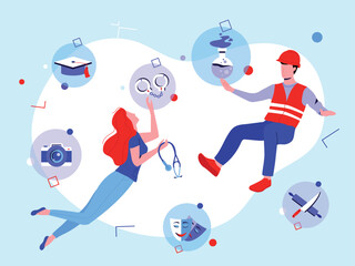 Reskilling concept: young man and woman facing new career opportunities. Male and female choosing new profession to learn among construction, medicine, theater, cooking, police, science, photography.