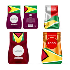 Foil food snack sachet bag packaging for coffee, salt, sugar, pepper, spices, sachet, sweets, chips, cookies colored in national flag of Guyana. Made in Guyana