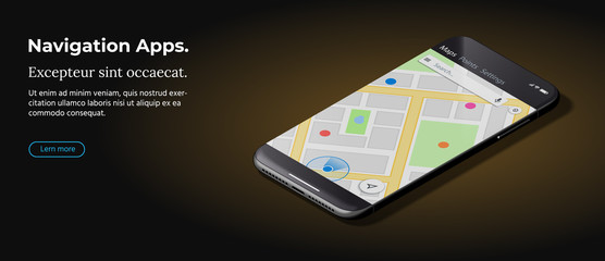 GPS Map Navigation App. New Shiny Mobile Cellphone with Tracking Dashboard on Screen. Modern Smart Phone on Smooth Dark Brown Surface in Isometric View. Realistic Vector Illustration of Smartphone.