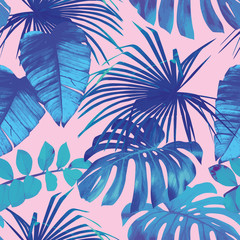 Fototapeta na wymiar Summer exotic floral tropical palm, banana leaves in blue style. Pattern vector seamless on the pink background. Plant flower nature wallpaper
