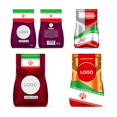 Foil food snack sachet bag packaging for coffee, salt, sugar, pepper, spices, sachet, sweets, chips, cookies colored in national flag of Iran. Made in Iran