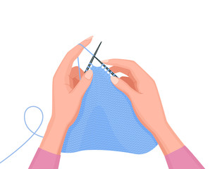 Two hands hold knitting needles and knitting vector illustration