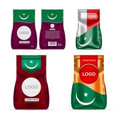 Foil food snack sachet bag packaging for coffee, salt, sugar, pepper, spices, sachet, sweets, chips, cookies colored in national flag of Mauritania. Made in Mauritania