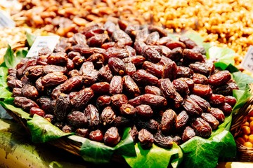 Dried sweet dates on market stall