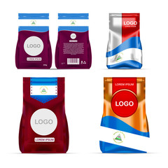 Foil food snack sachet bag packaging for coffee, salt, sugar, pepper, spices, sachet, sweets, chips, cookies colored in national flag of Nicaragua. Made in Nicaragua