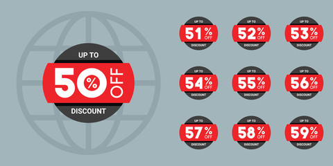 Set of discount labels. Vector discount tags collection with percent set. 50% off, 51, 52, 53, 54, 55, 56, 57, 58, 59 percent sale label symbols.