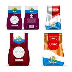Foil food snack sachet bag packaging for coffee, salt, sugar, pepper, spices, sachet, sweets, chips, cookies colored in national flag of San Marino. Made in San Marino