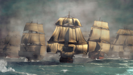 A fleet of heavily armed ships emerges from the fog. Led by the massive ship of the line HMS Victory, they create a forest of sails in the ocean that disappears into the distance. 3D Rendering © Daniel Eskridge