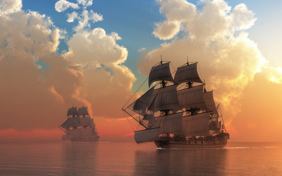 In this nautical scene of the 18th century, a pair of pirate ships sail lazily through calm waters as the sun sets in a cloud filled sky.  One ship is close, the other in the distance. 3D Rendering