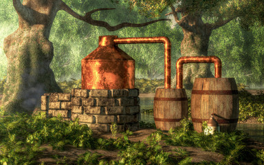 In a dense forest with moss covered trees, a bootlegger has constructed a moonshine still from stone, copper, and a couple of wooden barrels. A stream meanders through the woods nearby.  3D Rendering  - obrazy, fototapety, plakaty
