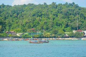 A view of boats in Phi Phi Island, Thailand.