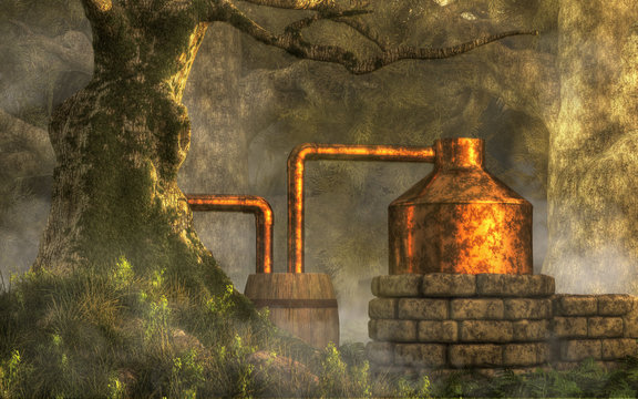 In a dense forest with moss covered trees, a bootlegger has constructed a moonshine still from stone, copper, and a couple of wooden barrels is for making illegal, back-woods whiskey. 3D Rendering 