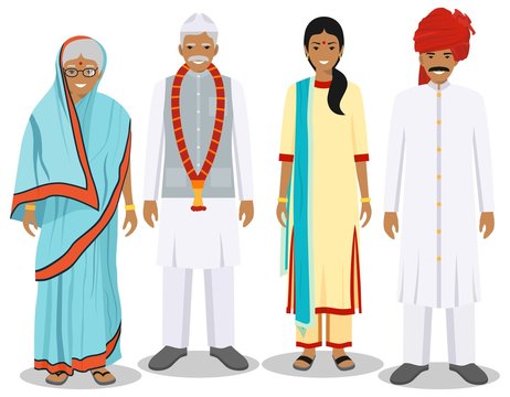 Family and social concept. Indian person generations at different ages. Set of adult people in traditional national clothes: father, mother, grandmother, grandfather standing together. Vector