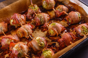 fresh green Brussels sprouts wrapped in fragrant smoked bacon