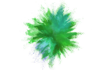 Fototapeta na wymiar Freeze motion of colorful green powder exploding on white background. Paint Holi.