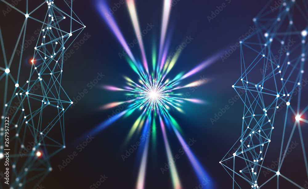 Aufkleber Digital technology. Artificial intelligence and world of future. Color spectrum of big bang. Global data and decentralized network 3D illustration