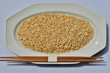 unpolished brown rice on a white plate with chopsticks