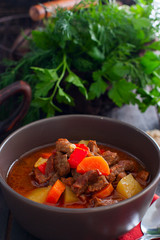 Traditional Hungarian goulash on a wooden table, selective focus