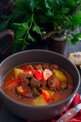 Traditional Hungarian goulash on a wooden table, selective focus