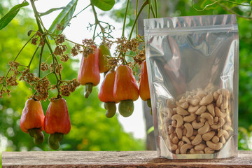 Cashew nuts in the packaging bag with floor wooden and red ripe fruit background on the tree
