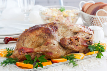 Festive stuffed oranges duck on a dish, horizontal