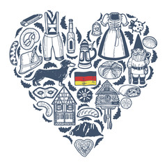 German Symbols Heart Composition in Hand Drawn Style