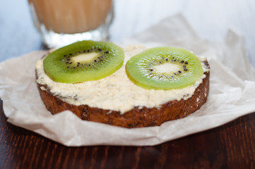 Healthy snack, lunch, kiwi sandwich and glass of juice