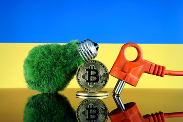 Bitcoin (BTC), green renewable energy concept, and Ukraine Flag. Electricity prices, energy saving in the cryptocurrency mining business.