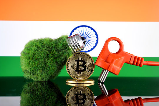 Bitcoin (BTC), green renewable energy concept, and India Flag. Electricity prices, energy saving in the cryptocurrency mining business.
