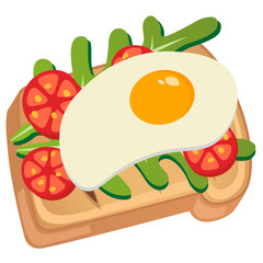 Vector image of a hearty sandwich with an egg. Healthy breakfast. Natural products. Healthy food. Fried egg with tomatoes and arugula on bread. Image for banner, menu, postcard, logo. Flat style.