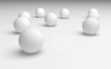 White abstract background. Set of white balls isolated on white backdrop. 3D illustration