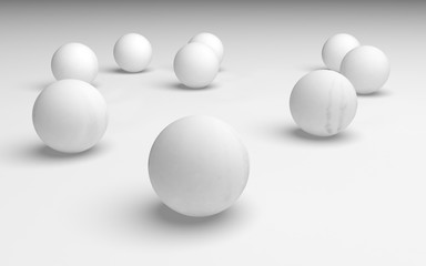 White abstract background. Set of white balls isolated on white backdrop. 3D illustration