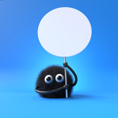 3d cute monster holding up a blank sign,colorful cartoon character,empty banner