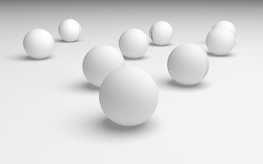 White abstract background. Set of white balls isolated on white backdrop. 3D illustration