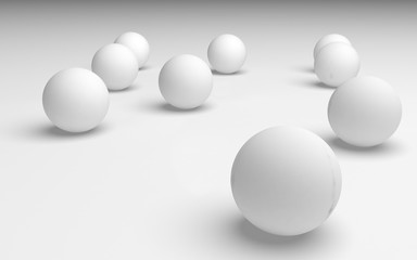 White abstract background. Set of white balls isolated on white backdrop. 3D illustration
