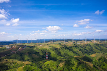 landscape wind turbines on the mountain farmland and blue sky background