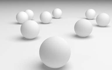 White abstract background. Set of white balls isolated on white backdrop. 3D illustration