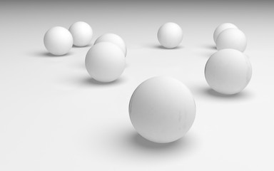 White abstract background. Set of white balls isolated on white backdrop. 3D illustration