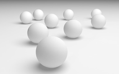 White abstract background. Set of white balls isolated on white backdrop. 3D illustration