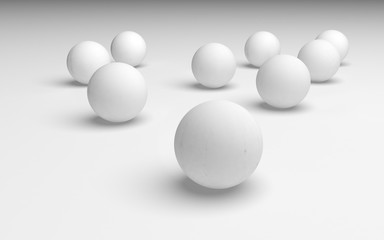 White abstract background. Set of white balls isolated on white backdrop. 3D illustration