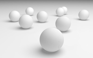 White abstract background. Set of white balls isolated on white backdrop. 3D illustration
