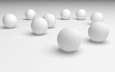 White abstract background. Set of white balls isolated on white backdrop. 3D illustration