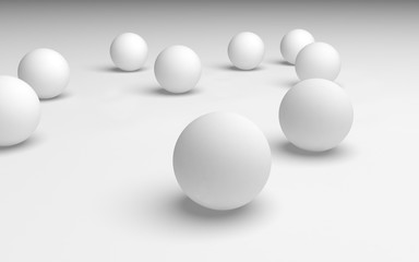 White abstract background. Set of white balls isolated on white backdrop. 3D illustration