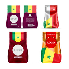 Foil food snack sachet bag packaging for coffee, salt, sugar, pepper, spices, sachet, sweets, chips, cookies colored in national flag of Senegal. Made in Senegal