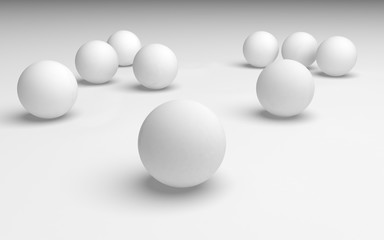 White abstract background. Set of white balls isolated on white backdrop. 3D illustration