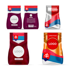 Foil food snack sachet bag packaging for coffee, salt, sugar, pepper, spices, sachet, sweets, chips, cookies colored in national flag of Slovakia. Made in Slovakia