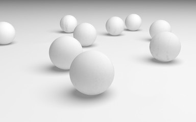White abstract background. Set of white balls isolated on white backdrop. 3D illustration