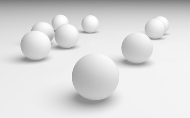 White abstract background. Set of white balls isolated on white backdrop. 3D illustration