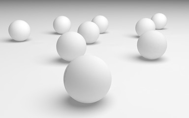 White abstract background. Set of white balls isolated on white backdrop. 3D illustration